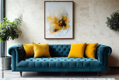 Loft home interior design of modern living room. Dark turquoise tufted sofa with virant yellow pillows against beige stucco wall with abstract art poster frame. photo