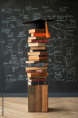 Graduation cap atop vintage books in front of a chalkboard filled with equations