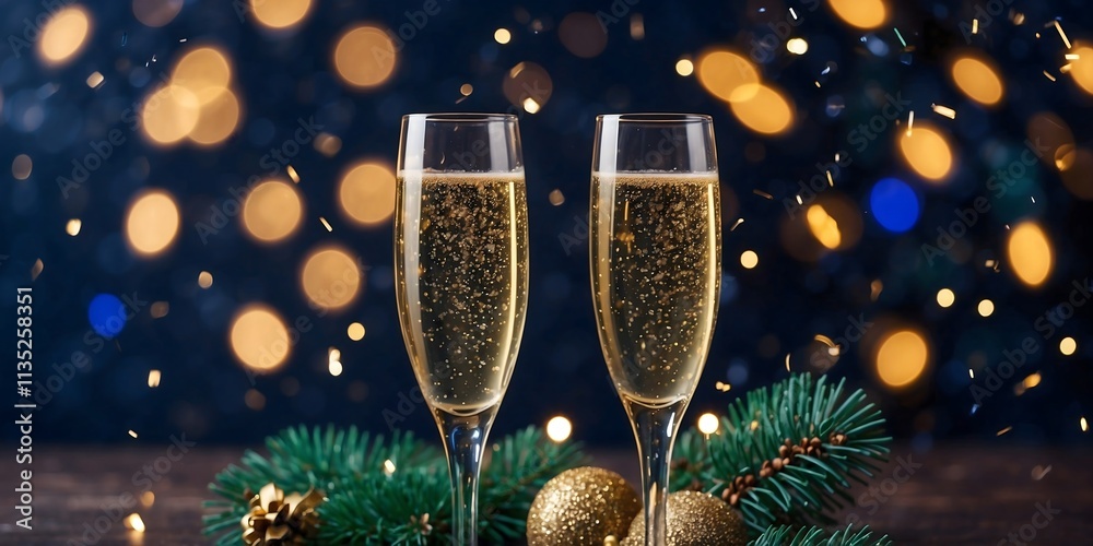 Two glasses of champagne on dark blue background with Christmas tree with lights bokeh, glitter and sparks, confetti. Christmas celebration concept with copy space for text