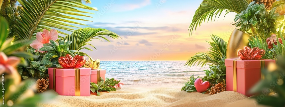 Obraz premium Gift boxes on the beach. Selective focus.