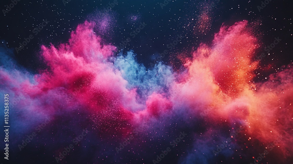 Naklejka premium Vibrant nebula with pink, blue, and orange cosmic clouds and stars.