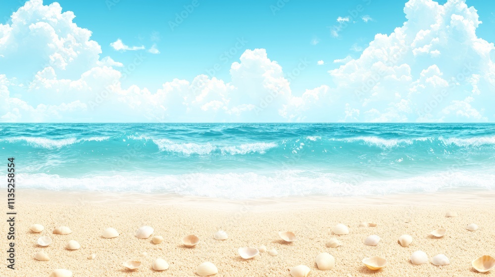 A serene beach scene with seashells and a vibrant ocean under a blue sky. A serene beach scene with seashells and a vibrant ocean under a blue sky.