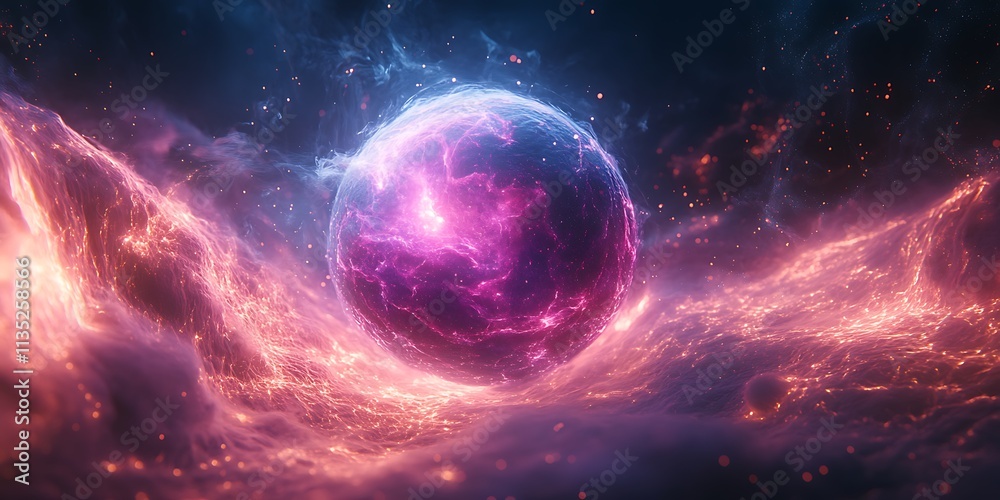 Obraz premium Abstract plasma sphere emitting purple blue light dark space static electricity and quantum physics