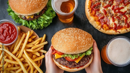 Delicious burger layered with cheese, lettuce, and tomato served with fries a...