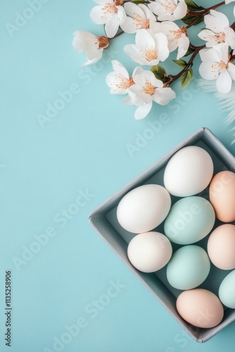 Colorful eggs arranged in a box with spring flowers on a blue background