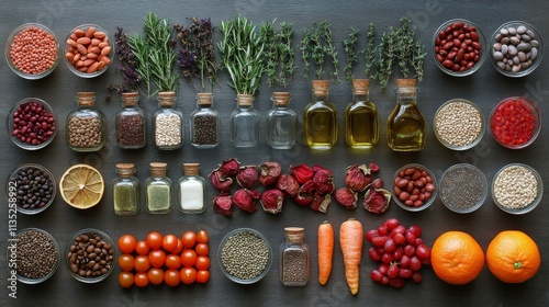 Colorful display of fresh ingredients and condiments in a wooden shelf arrang...