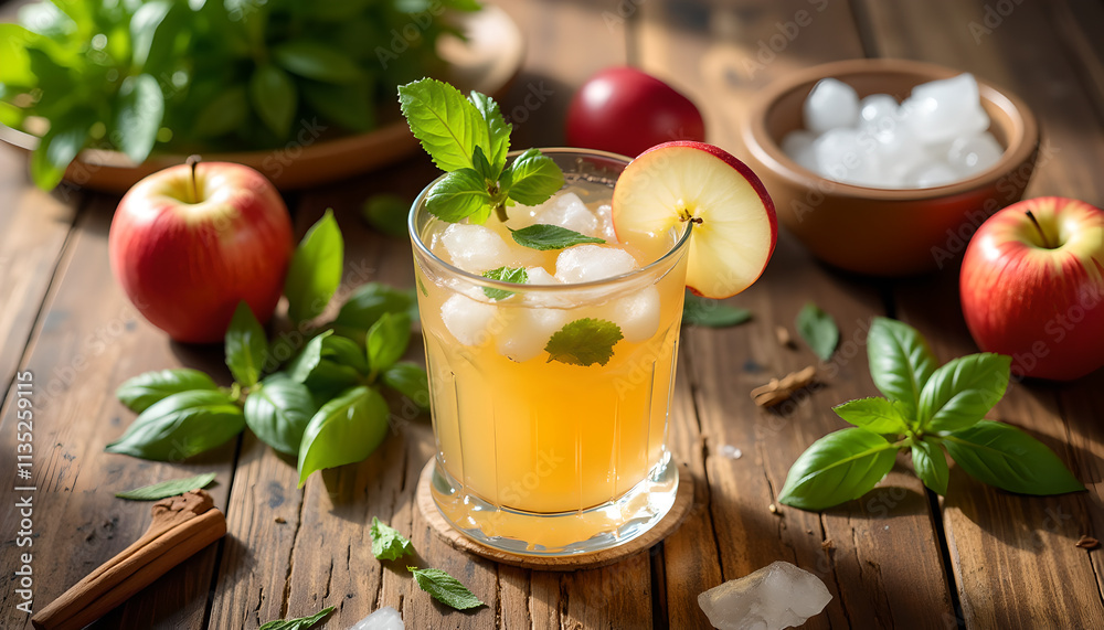 Refreshing apple juice with mint and ice on rustic table