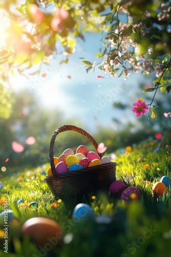 Colorful Easter eggs in a basket among blooming flowers in a sunlit forest