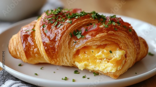Breakfast treat featuring fluffy croissants filled with cheese and bacon serv...