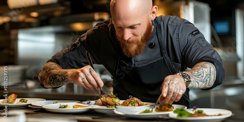 Chef artistically plating gourmet dishes in a sophisticated restaurant kitchen setting