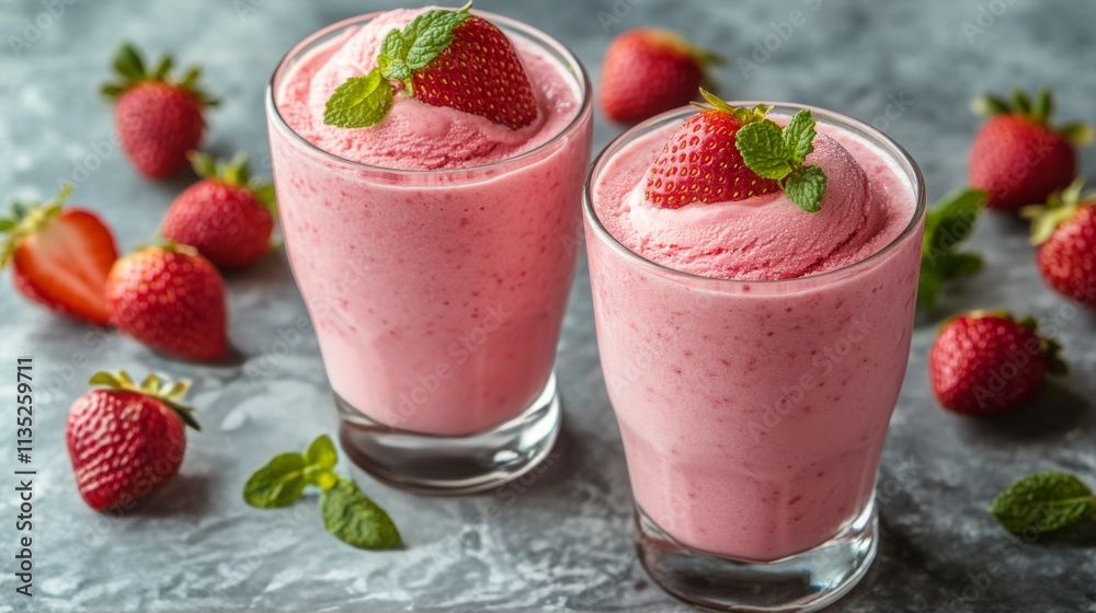 Refreshing raspberry and mint dessert served in glass bowls on marble countertop Refreshing raspberry and mint dessert served in glass bowls on marble countertop