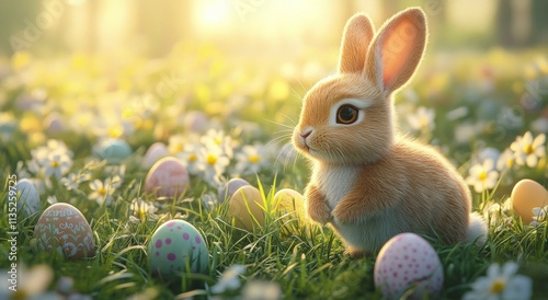 Happy bunny among colorful Easter eggs in a blooming garden during spring