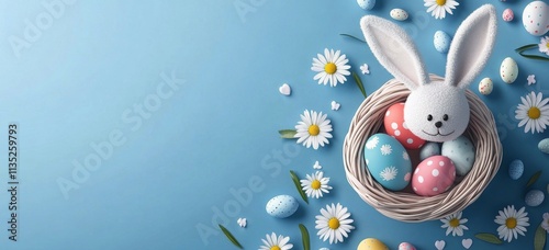 Cute bunny in a basket surrounded by pastel eggs and flowers for a spring cel...