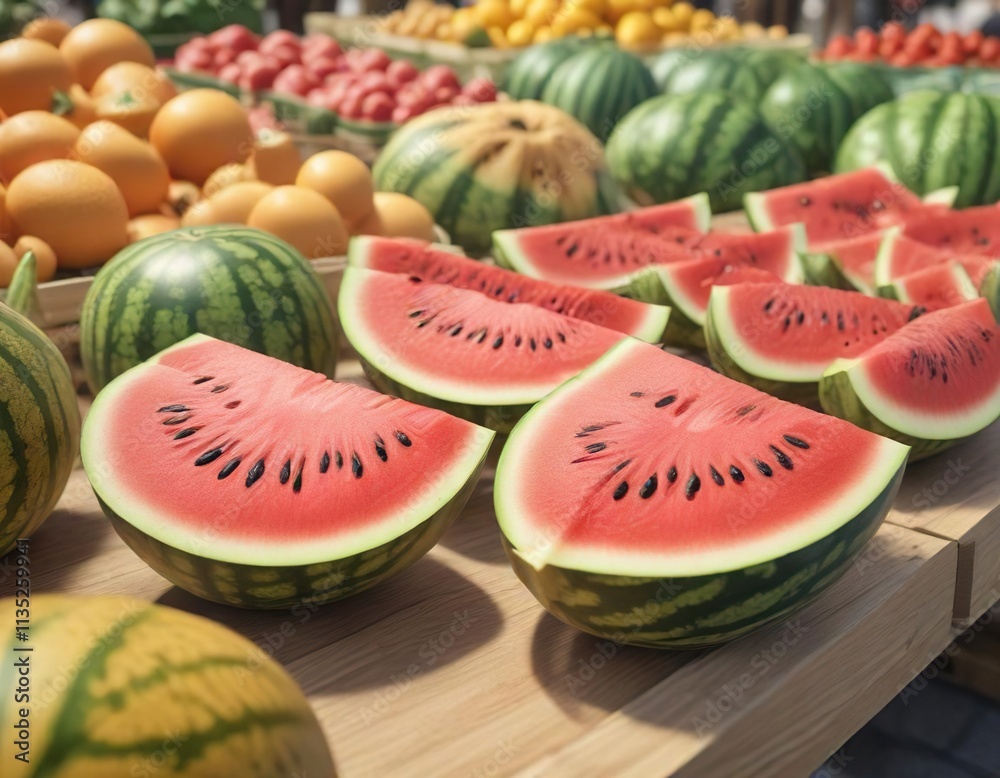 Whole watermelon and cantaloupe at a farmers market, seasonal, harvest Whole watermelon and cantaloupe at a farmers market, seasonal, harvest