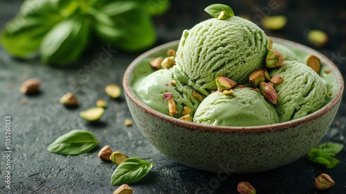 Creamy mint ice cream topped with chopped pistachios in a decorative bowl