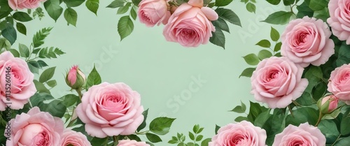 Intricate watercolor frame of pink roses and green leaves with a dreamy feel, stationery, chic aesthetic, garden event