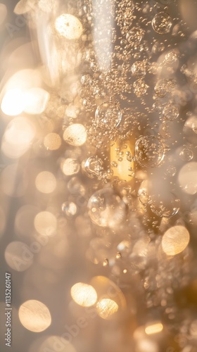 Golden Bubbles Close-Up, Abstract Sparkling Light, Champagne Bokeh