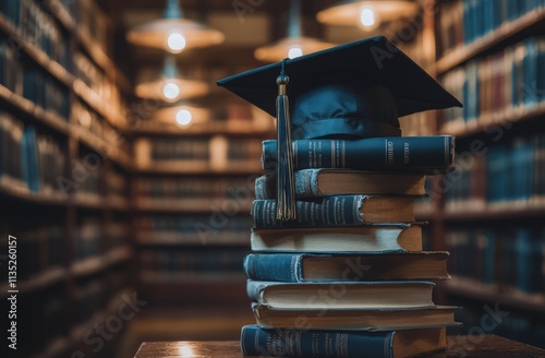 Cap and books symbolize learning and education in a classroom setting