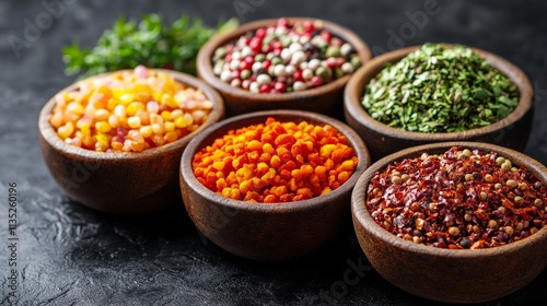 Colorful array of spices and lentils arranged on a dark background in a culin...