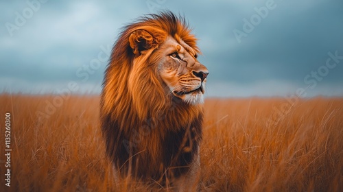 Majestic lion standing in golden grass under a cloudy sky