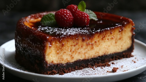 Decadent chocolate cheesecake slice served on a rustic plate with rich sauce ...