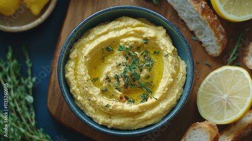 Delicious bowl of creamy hummus with fresh herbs, bread, and vegetables on a ...