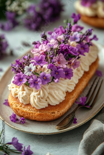 Delicious lavender cream pastry adorned with fresh flowers presented on a whi...