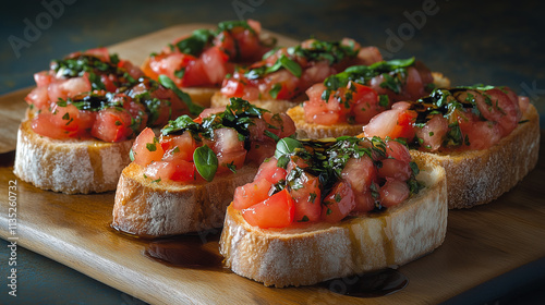 Bruschetta with tomatoes, basil, and balsamic drizzle.