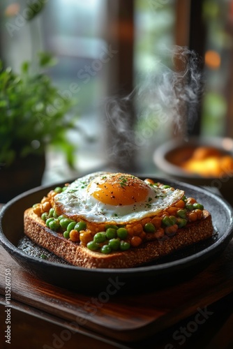Delicious avocado toast topped with a perfectly cooked egg on a rustic plate