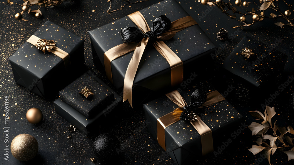 Luxurious black gift boxes wrapped with satin ribbons and gold accents surrounded by glitter Luxurious black gift boxes wrapped with satin ribbons and gold accents surrounded by glitter