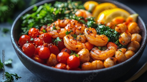 Fresh shrimp bowl with rice, vegetables, and cherry tomatoes for a healthy meal