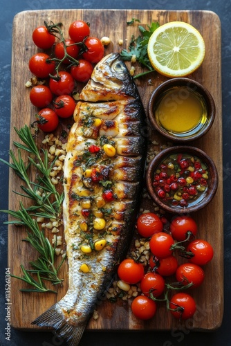 Fresh fish and vibrant vegetables arranged beautifully for a healthy meal pre...