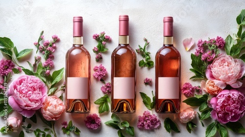Elegant wine bottle surrounded by pink peonies and lush greenery for a spring...