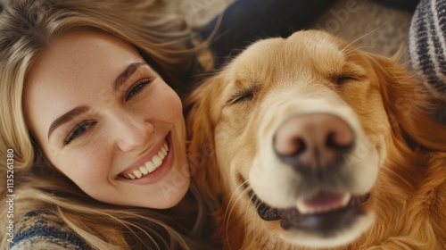 Saving memories with pet. Smiling woman with blond hair snuggling to furry friend and taking selfie on modern cell phone. Obedient golden retriever lying on floor near delighted female owner photo