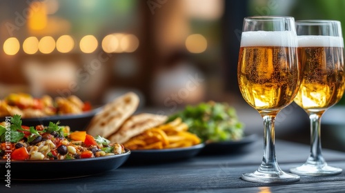 Elegant dining with drinks and flavorful dishes at a cozy restaurant during e...