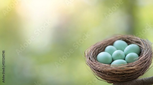 Nest with several pale eggs set against a blurred green background in natural...