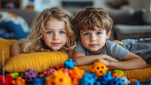 Children play together with colorful fluffy balls indoors on a soft carpet
