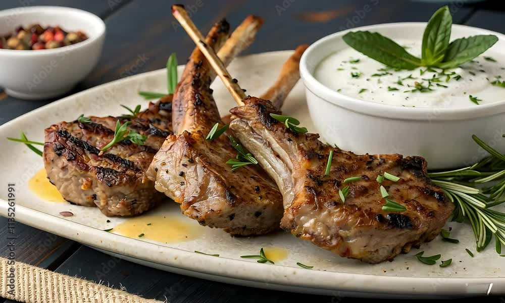  Perfectly Grilled Lamb Chops with Aromatic Herbs and Yogurt Dip, Gourmet Lamb Chops Paired with Fresh Herbs and Creamy Dip
