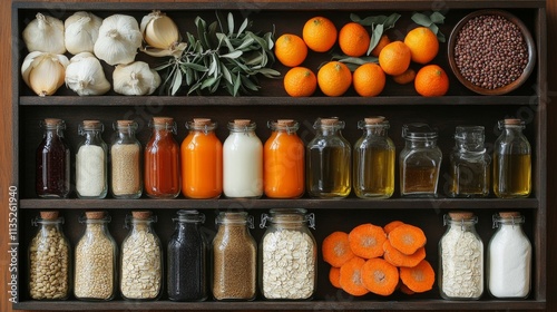Colorful display of fresh ingredients and condiments in a wooden shelf arrang...
