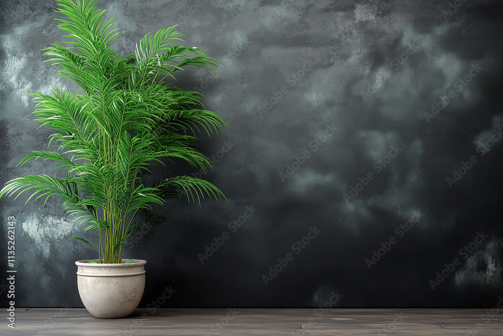 Interior background of room with black stucco wall and pot with plant. Interior background of room with black stucco wall and pot with plant.