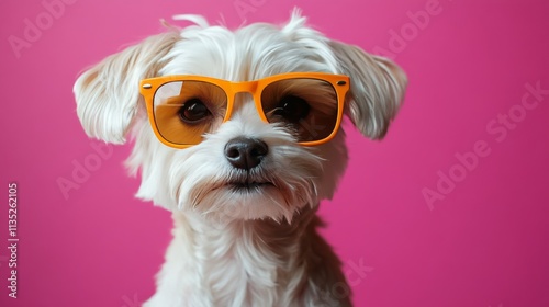 Stylish dog with yellow glasses posing against a vibrant pink background