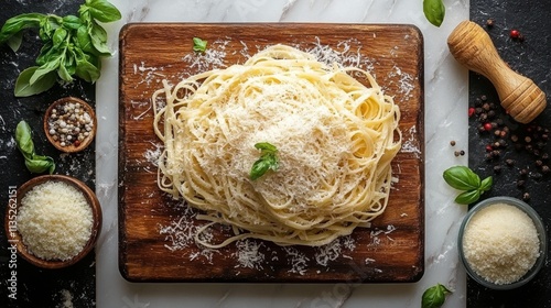 Delicious pasta dish with bolognese sauce and fresh herbs on a wooden board