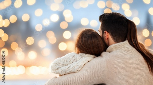 Romantic evening with couple embracing amidst glowing lights in winter setting