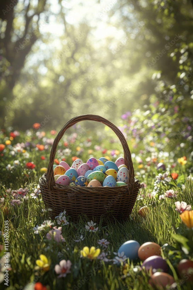 Colorful Easter eggs in a basket among blooming flowers in a sunlit forest