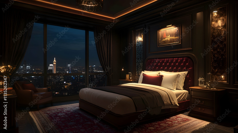 Luxury hotel bedroom at night with a dark gloomy ambiance and city view from the bed, antique tones