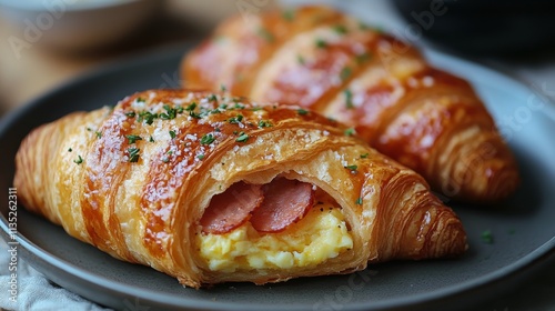 Breakfast treat featuring fluffy croissants filled with cheese and bacon serv...