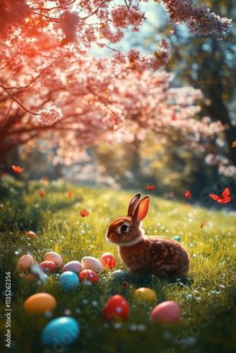 Colorful eggs scattered in a sunny spring garden with a bunny nearby