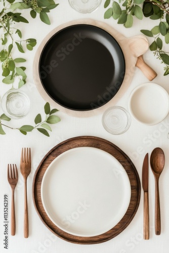 Elegant table setting with simple plates and natural decor for a casual dinin...