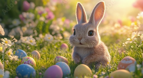 Happy bunny among colorful Easter eggs in a blooming garden during spring