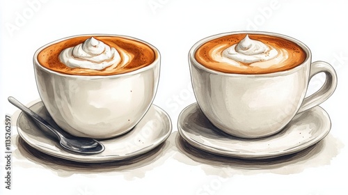 Warm coffee cups with whipped cream on saucers inviting relaxation and comfort